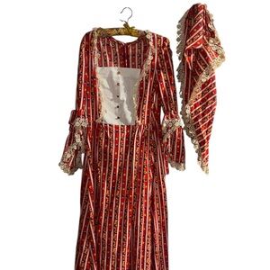 Vintage 60s 70s Handmade Prairie Maxi Dress XS XXS Red Lace Cottagecore + Scarf
